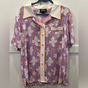 Bob Mackie Wearable Art Silk Floral short Sleeved Button Down Blouse